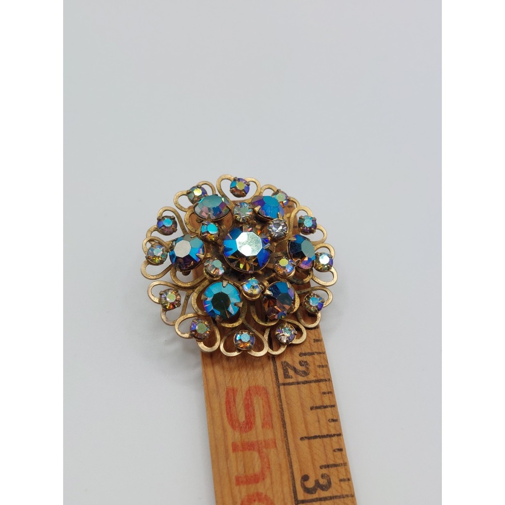 Aurora Borealis Rhinestone Brooch Gold Filigree Flower Grandmillennial Vintage - Picture 11 of 12